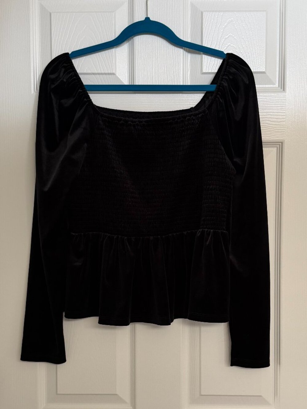NWT GAP black velvet smocked peplum top (L)